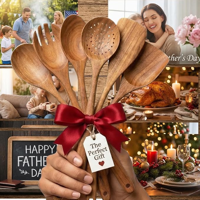 DADU BADU 6 Piece Teak Wood Utensil Set Non Toxic, Handmade Cooking Spoons & Spatulas for Nonstick Cookware Includes Wok Spatula, Skimmer & Salad Set Heat Resistant Kitchen Utensil Gift Set - Image 2