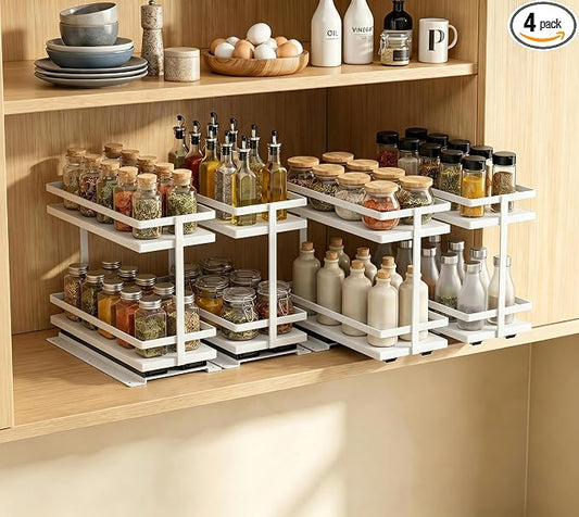 Pull Out Spice Rack 4Pcs Metal & Wood Seasoning Organizer White | No-Drill Install | Full-Extension Silent Glide | Each Tier Holds 10–12 Standard Spice Bottles | Rustproof, Wipe-Clean Surface by HOFUSUSER