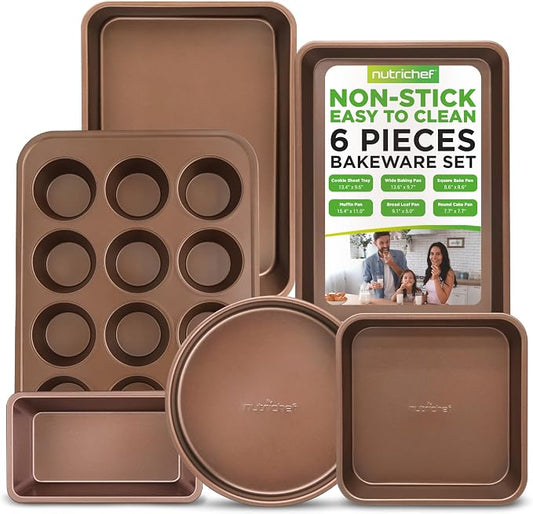 NutriChef 6-Piece Nonstick Bakeware Set, Carbon Steel Baking Pans Set, Includes Cookie Sheets, Wide & Square Bake Pans, Bread Loaf & Round Cake Pan, Muffin Pan - Gold by NutriChef%E2%84%A2Kitchen