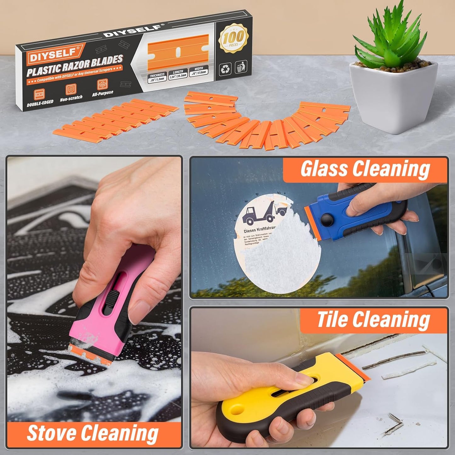 DIYSELF 600 Pack Plastic Razor Blades, Refill for Plastic Razor Blade Scraper, Universal Plastic Blades for Stains, Adhesives, Decals, Stickers, Labels, Double-edged Plastic Blade