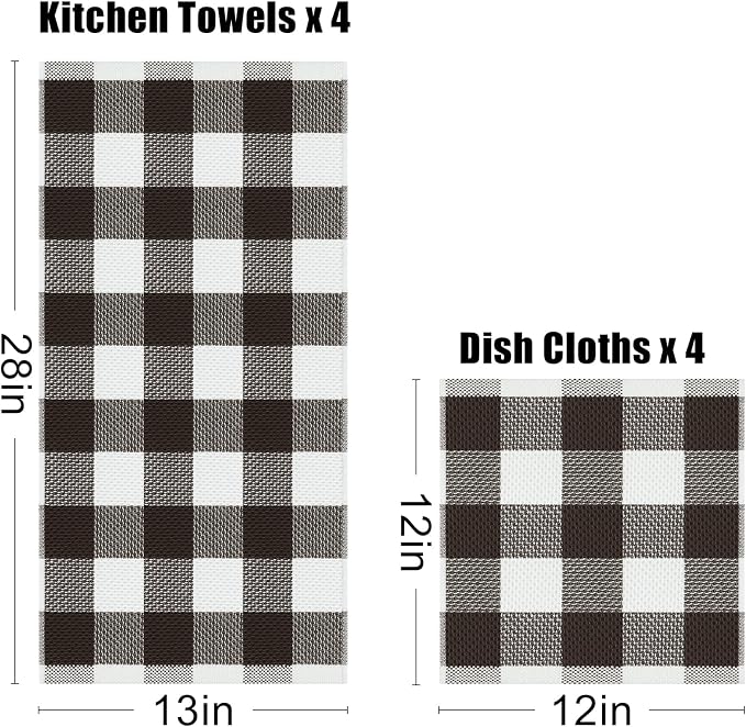 Homaxy Kitchen Towels and Dishcloths Set, Set of 8, White & Dark Brown | Bulk Cotton Waffle Weave Check Plaid Kitchen Towels, Super Soft and Absorbent Dish Cloths, 12 x 12 and 13 x 28 Inches - Image 4
