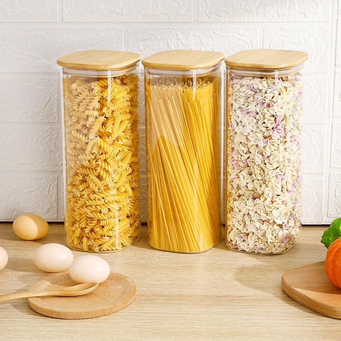 Vtopmart 81oz Glass Food Storage Containers, Set of 3 Large Food Jars with Airtight Bamboo Wooden Lids for Pasta, Flour, Sugar, Glass Canisters for Kitchen, Pantry Organization and Storage, BPA Free - Image 3