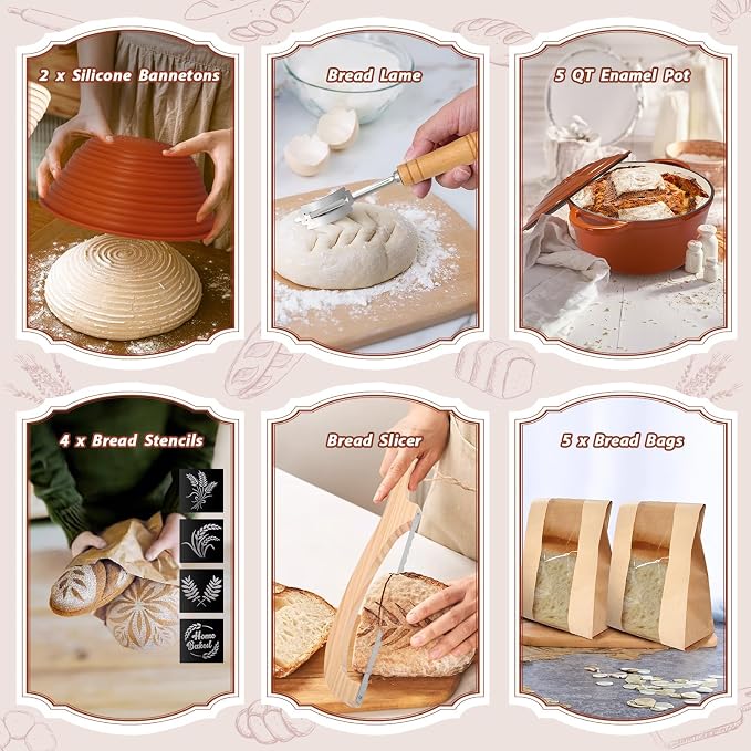 EWFEN Sourdough Starter Kit with Enamel Cast Iron Pot, Complete Sourdough Bread Baking Supplies, Round & Oval Bread Proofing Basket with 34 Oz Starter Jar, Bread Making Tools Kit - Image 7