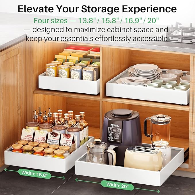 2Pack Pull out Cabinet Organizer, 21"Deep, Heavy Duty Full-extension Slide out Drawers for Kitchen Cabinet, Roll out Shelf Storage with Nano Adhesive for Pots,17"W x 21"D x 3.1"H, White - Image 6