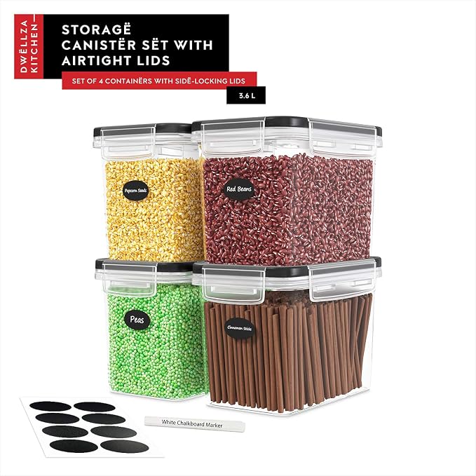 DWËLLZA KITCHEN Flour Sugar Storage Containers Set of 4; 3.6L Plastic Airtight Food Storage Containers with Lids for Kitchen Pantry Organization and Storage - Dry Food Containers, Labels & Marker - Image 7