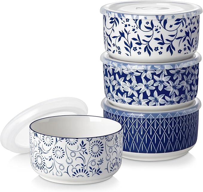 vancasso 36 Oz Ceramic Serving Bowls with Lids Set of 4, Porcelain Lunch Bowls with Lids for Food Storage, Prep Bowl for Kitchen, Microwave & Dishwasher Safe,Series SELENE by vancasso