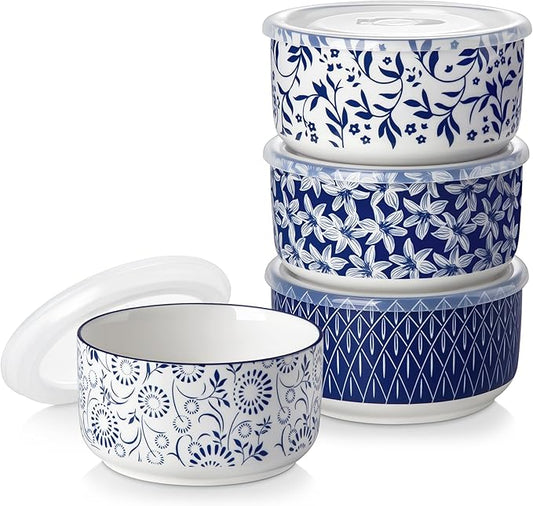 vancasso 36 Oz Ceramic Serving Bowls with Lids Set of 4, Porcelain Lunch Bowls with Lids for Food Storage, Prep Bowl for Kitchen, Microwave & Dishwasher Safe,Series SELENE by vancasso