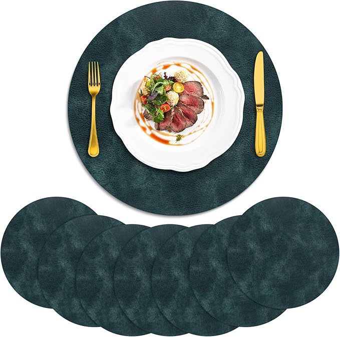 ADRIMER Placemats, Heat Resistant Round Placemats Set of 8 Washable, Waterproof Table Mats, Wipeable Faux Leather Place Mats for Kitchen, Dining Room, Dark Blue by Adrimersdreamistobeanindispensablecompanioninyourlife