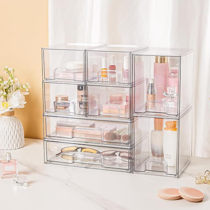 Vtopmart Stackable Storage Drawers Set of 8, Clear Plastic Organizer Bins for Bathroom Supplies,Ideal for Cabinet,Pantry,Laundry Room Organization - Image 2