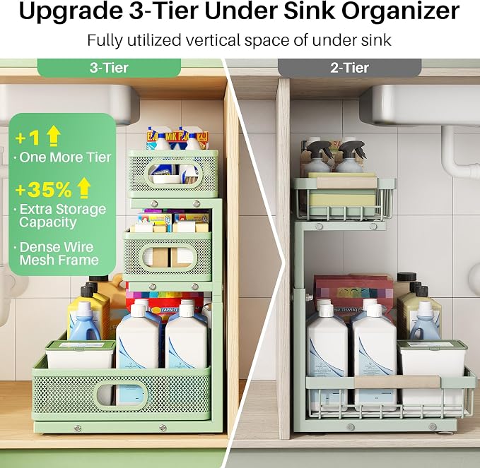 Kitstorack Under Sink Organizer, 2-Pack 3-Tier Height Adjustable Thickened Metal Pull out Cabinet Organizer Shelf, Slide out Storage Drawer Rack for Bathroom Kitchen Pantry Home Organization, Green - Image 3