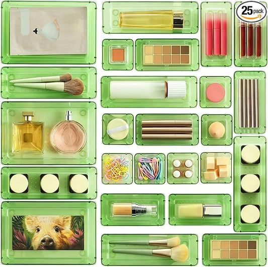 Vtopmart 25 Pack Plastic Drawer Organizers with Non-slip Rubber Pads | 4-Size Versatile Makeup Organizer, Storage Containers Small Bins for Makeup, Jewelries, Bedroom, Kitchen Utensils and Office by Vtopmart