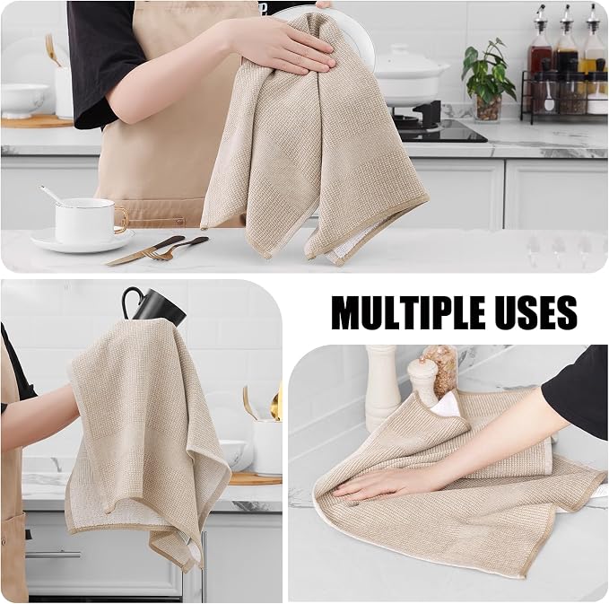 Homaxy 380 GSM Cotton Premium Kitchen Towels 6 Pack, 18"x 28", Khaki | Flat and Terry Dish Towels, Highly Absorbent Tea Towel Set with Hanging Loop, Soft Utility Kitchen Hand Towels - Image 4