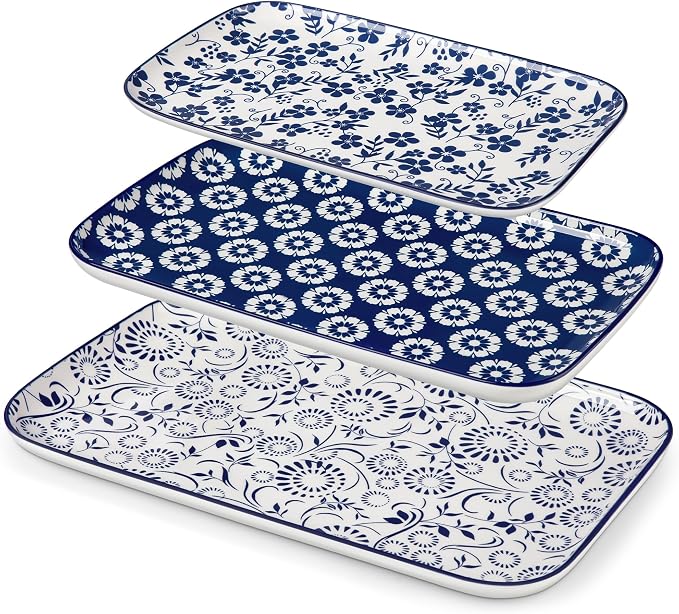 vancasso Serving Platters Set of 3, 16"/14"/12" Inch Rectangular Trays + Ceramic Mixing Bowls with Lids Set of 4,Ceramic Serving Bowls,Nesting Bowls for Food Storage - Image 3