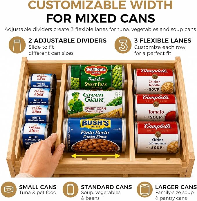 MinBoo Bamboo FIFO Can Organizer for Pantry, 24-Can Gravity Dispenser with Adjustable Dividers, Freestanding Wood Canned Food Storage Rack for Soup, Soda and Pet Food, 15.5" W x 11.6" D x 9.4" H - Image 3