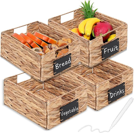 Woven Storage Baskets with Chalk Labels, 10.8x9x4.9 Inch, 4 Pack | Foldable Rectangular Water Hyacinth Organizers with Built-in Handles for Shelves, Pantry, Closet by HLONYUX6HomeDecor
