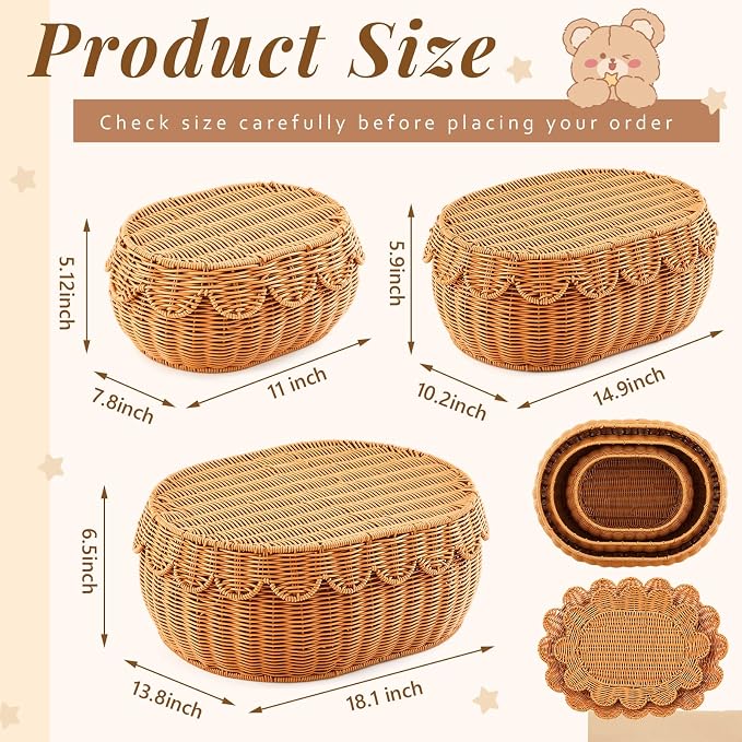 3 Pcs Scalloped Rattan Baskets, Baby Diaper Caddy, Imitation Woven Rattan Wicker Storage Baskets Plastic with Lid for Nursery Storage Organizer Bathroom Decor (Dark Brown,Small,Medium,Large) - Image 2