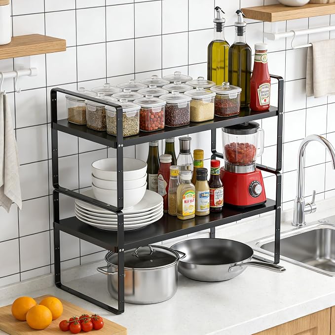 Expandable Cabinet Shelf, Stackable Organizer Rack, Black Small 1 PK | Adjustable Fit, Stackable Height Options, Nonslip Base, Larger Capacity, Cabinet/Pantry Organization - Image 2