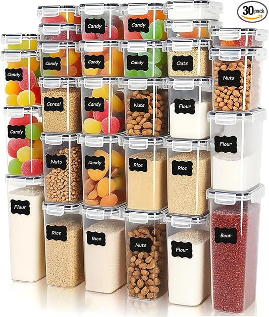 30 PCS Airtight Food Storage Containers with Lids, Plastic Kitchen and Organization Canisters for Cereal, Dry Food, Flour and Sugar, BPA-Free, PVC-Free, Includes Labels & Marker by Unknown