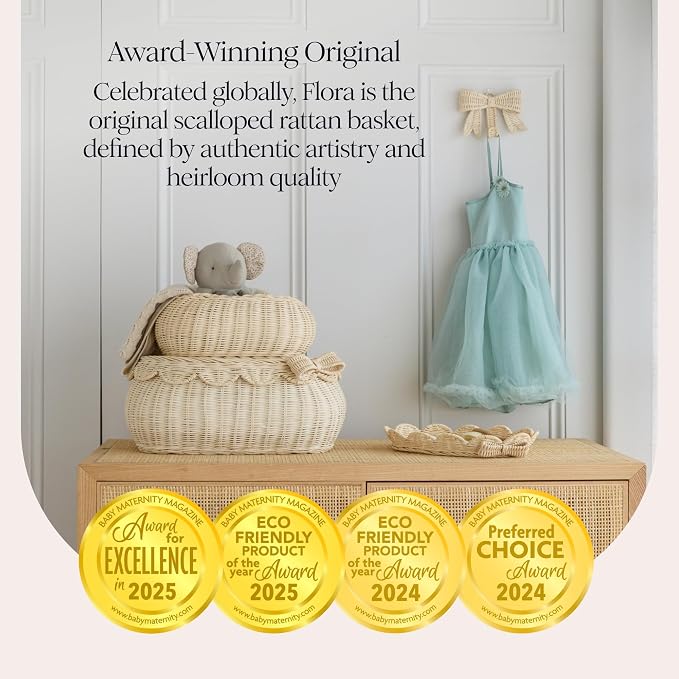 BEBE BASK Original Scalloped Bow Basket with Lid - Set of 2 (15x11x6 In) | Award Winner, Handwoven Rattan, Scalloped Wicker Basket, Woven Baskets for Storage, Nursery Storage, Scallop Basket (Bow) - Image 3