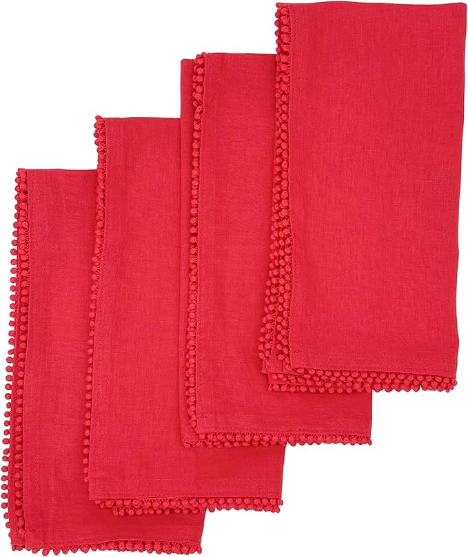 Cotton Napkins with Hand-Knotted Trim, Set of 4 – Lovely Reusable Cloth Napkins for Dining, Weddings, Birthday Gift, Summer, 22 x 22 Inch, Red by Bryonia