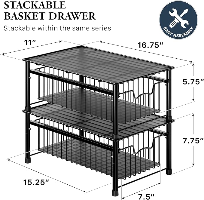 Simple Houseware Stackable Basket Drawer, Black - Image 2