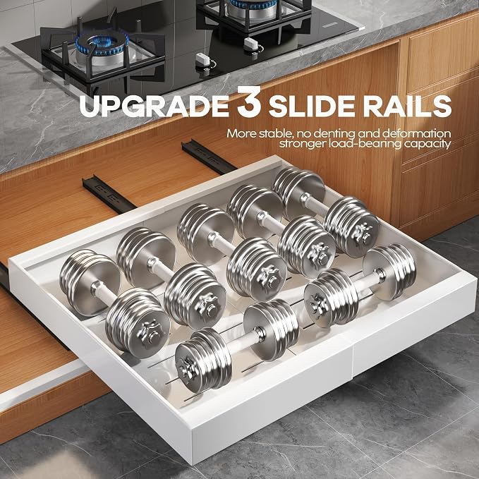 Seinloes 4 Pack Expandable (15.1"-26.3") Pull Out Cabinet Organizer 21" Deep With Raising Pad for Framed Cabinets,Upgrade 3 Slide Rails Slide Out Drawers,No Drill Roll Out Shelves Adhesive,White - Image 5