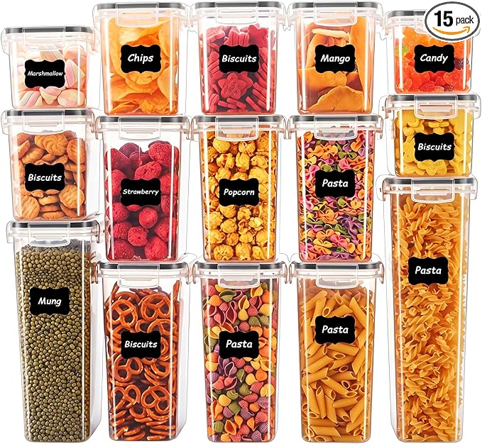 15 PCS Airtight Food Storage Containers with Lids, Plastic Kitchen and Organization Canisters for Cereal, Dry Food, Flour and Sugar, BPA-Free, PVC-Free, Includes Labels & Marker by Unknown