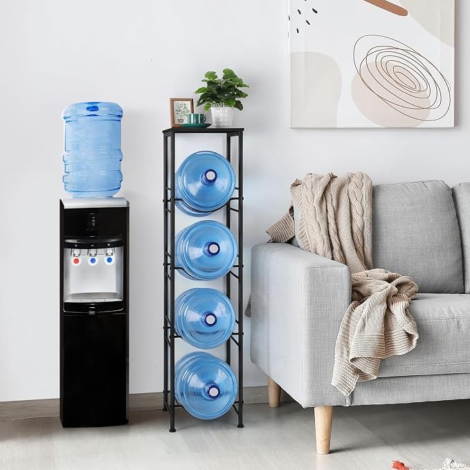 ETELI 5 Gallon Water Jug Holder 4 Tier Gallon Water Bottle Holder with Storage Shelves Water Cooler Jug Rack Stand for 5 Gallon Water Dispenser Organizer for Kitchen, Office, Living Room, Black - Image 4