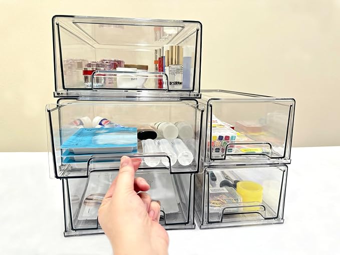 Stackable storage drawers, clear pull-out organizer with handles and non-slip pads for kitchen, refrigerator,office desktop, pantry and shelves, perfect for organization and storage (2 Pack, Medium) - Image 6