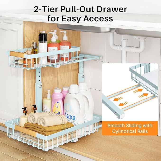 PXRACK Under Sink Organizer, Adjustable Height, 2 Tier Pull Out Under Cabinet Organizer, Slide Out Thickened Metal Under Sink Storage for Kitchen Bathroom Laundry Pantry Cabinet, Blue, Large-1-Pack - Image 4