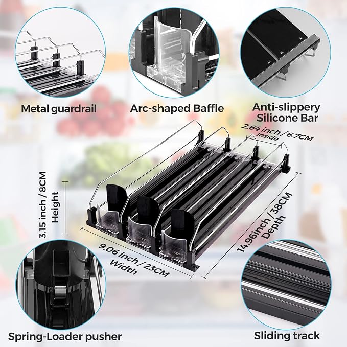 Drink Dispenser for Refrigerator, Self-Pushing Soda Can Organizer for Fridge, 3 Rows has been Assembled, Automatic Can Organizer with Spring Loaded for Refrigerator Holds 15 cans, Black - Image 6