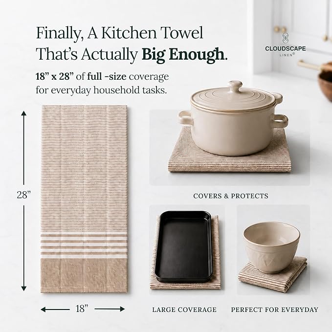 Cloud Scape Linen Premium Cotton Kitchen Towels Set - 6 Pack : Quick-Drying, Highly Absorbent, Durable, 18”x28”, Stripe Hand Towels with Hanging Loop, Dish Towel for Cleaning & Drying Dishes- Beige - Image 3