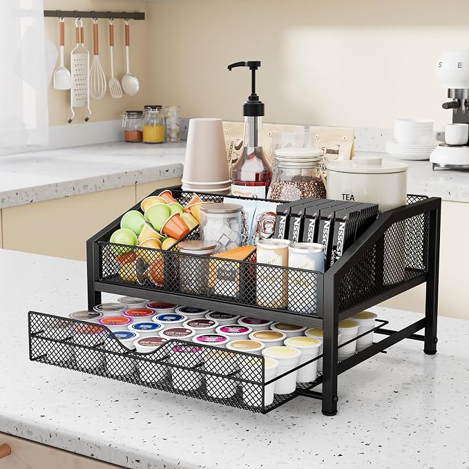 Coffee Bar Organizer - Coffee Station for Countertop, Metal and Wood K Cup holder Storage Basket with Drawer for Syrup, Cups, Stirrer, Condiment, Tea Organizer, Black - Image 7
