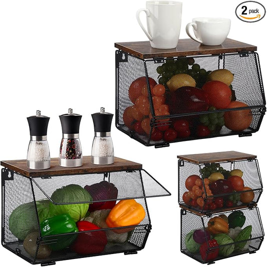 Teenyyou 2 Pcs Stackable Mesh Fruit Basket with Lid Wall Produce Vegetable Storage Basket Onion Potato Hanging Metal Wire Container for Kitchen Counter Pantry(Non-removable,Black,8.3" w & 13.8" l) by Teenyyou