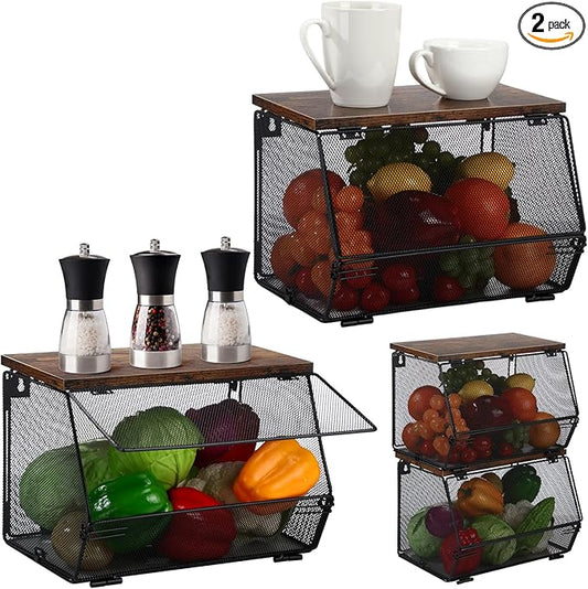 Teenyyou 2 Pcs Stackable Mesh Fruit Basket with Lid Wall Produce Vegetable Storage Basket Onion Potato Hanging Metal Wire Container for Kitchen Counter Pantry(Non-removable,Black,7.1" w & 11.8" l) by Teenyyou