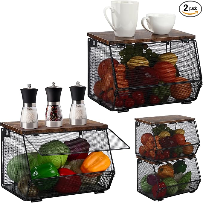 Teenyyou 2 Pcs Stackable Mesh Fruit Basket with Lid Wall Produce Vegetable Storage Basket Onion Potato Hanging Metal Wire Container for Kitchen Counter Pantry(Non-removable,Black,8.3" w & 13.8" l) by Teenyyou