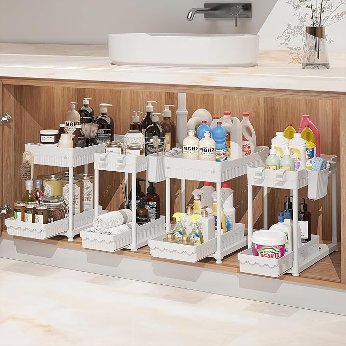 4-Pack 2-Tier Under Sink Organizer with Pull Out Drawers | Multi-use kitchen & bathroom storage. Includes hanging hooks and cups. White, space-saving cabinet design. 12.8 Inch by Sevenblue