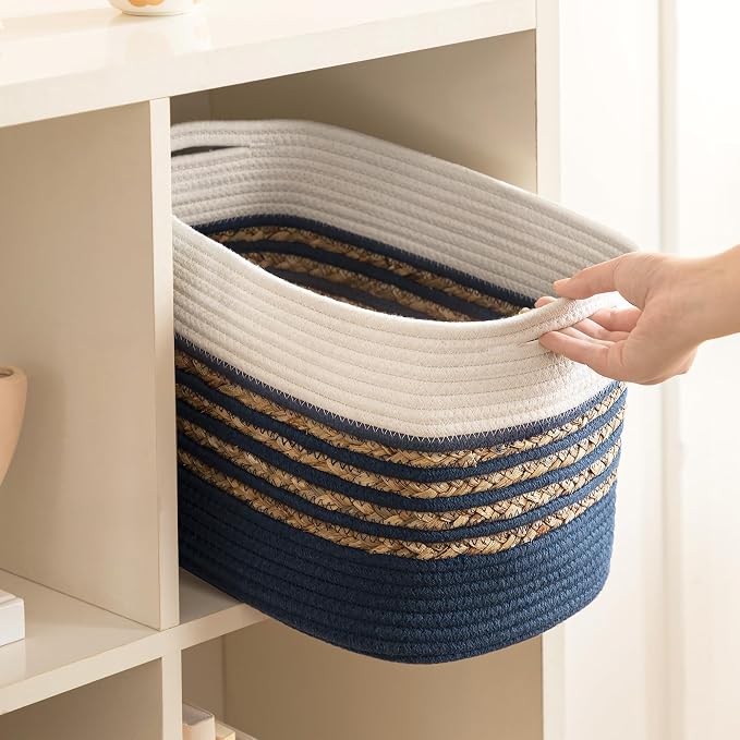 UBBCARE 4 Pack Baskets for Organizing, Woven Storage Baskets for Toys and Towel, Rectangle Cotton Rope Basket with Handles, 14''L x 8''W x9''H, Navy Blue - Image 7