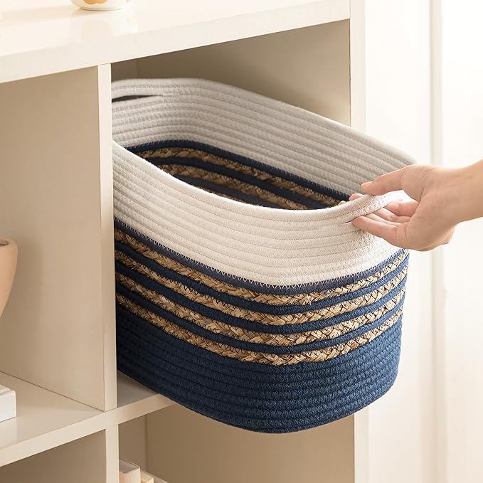UBBCARE 4 Pack Baskets for Organizing, Woven Storage Baskets for Toys and Towel, Rectangle Cotton Rope Basket with Handles, 14''L x 8''W x9''H, Navy Blue - Image 7