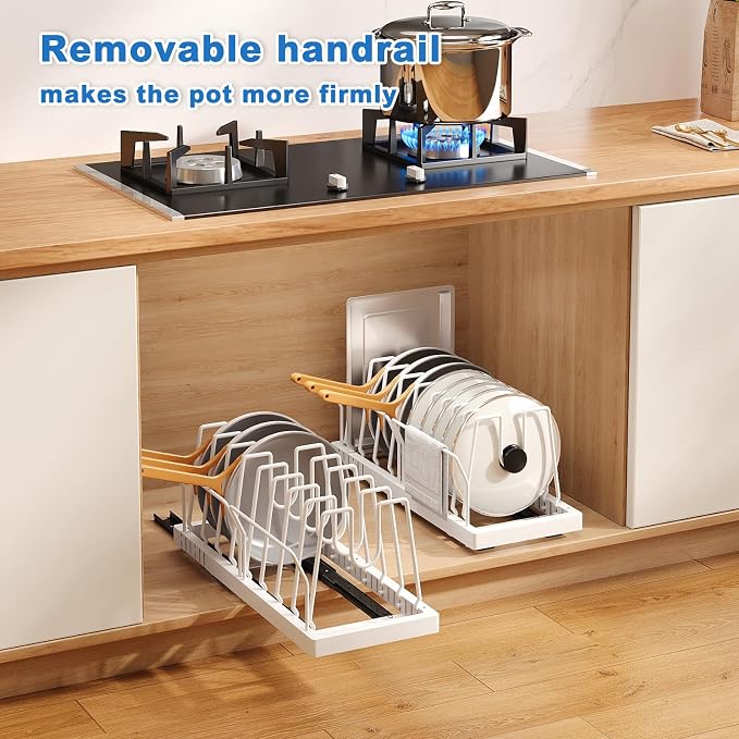 Mustorn Pots and Pans Organizer Under Cabinet, 21.6" Deep Pull Out Pot Lid Organizer Holder with Guardrail Adhesive Pot and Pan Holder Rack with 10 Adjustable Dividers-1 Pack(White) - Image 3
