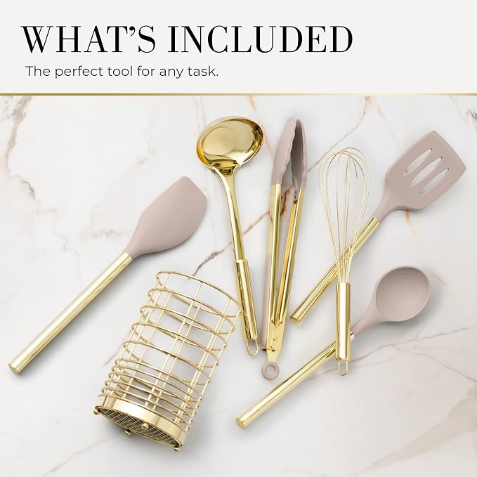 Styled Settings Beige & Gold Kitchen Utensils Set, 7-Piece | Silicone Cooking Utensils for Cooking, Serving, & Hosting - Ideal for Nonstick Cookware, with Gold Utensil Holder - Image 2