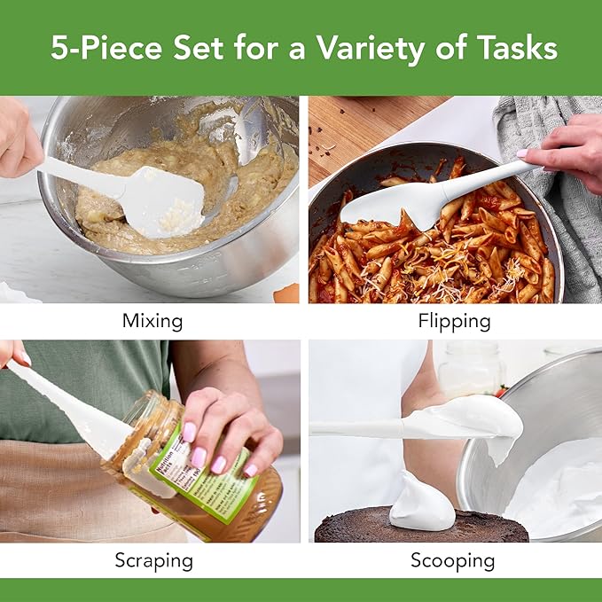 Tovolo Flex Core 5 Piece Silicone Spatula Set Heat Resistant All Silicone Utensils Include Non Stick Spatula Spoonula Jar Scraper, Dishwasher Safe BPA Free Spatulas for Baking Mixing, White - Image 2