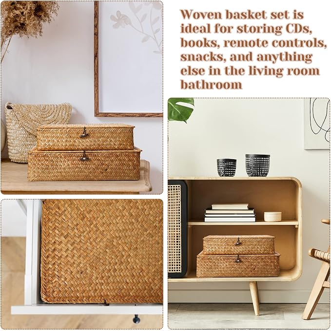 Didaey Set of 4 Seagrass Basket with Lid Wicker Storage Basket Decorative Storage Boxes with Lids Flat Storage Bins Woven Organizer Baskets for Shelf Closet Bedroom, 4 Sizes (Brown) - Image 7