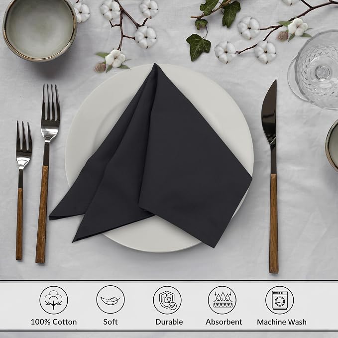 Ruvanti Cloth Napkins Set of 12, 18x18 Inches, 100% Cotton, Washable, Soft & Absorbent, Perfect for Wedding, Christmas, ‎Thanksgiving Dinners - Black Beauty - Image 3