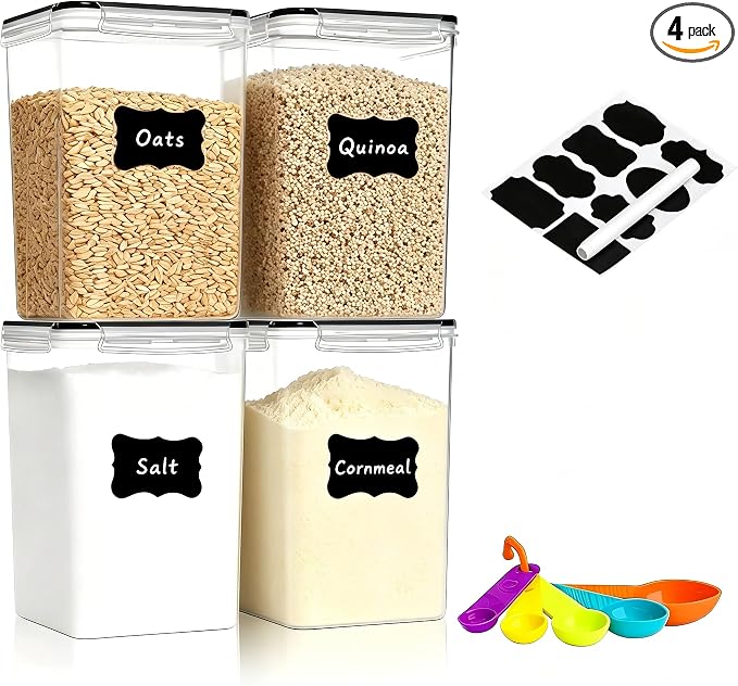 4pc 6.5L Large Airtight Plastic Canisters with Lids, Cups & Labels | Large BPA-Free Plastic Food Storage with Labels for Spaghetti, Cereal, Oats & Kitchen Pantry Organization, 4 Pack by stusgo