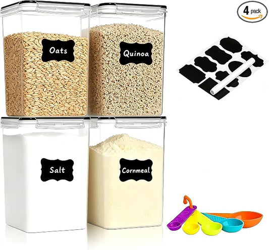 4pc 6.5L Large Airtight Plastic Canisters with Lids, Cups & Labels | Large BPA-Free Plastic Food Storage with Labels for Spaghetti, Cereal, Oats & Kitchen Pantry Organization, 4 Pack by stusgo