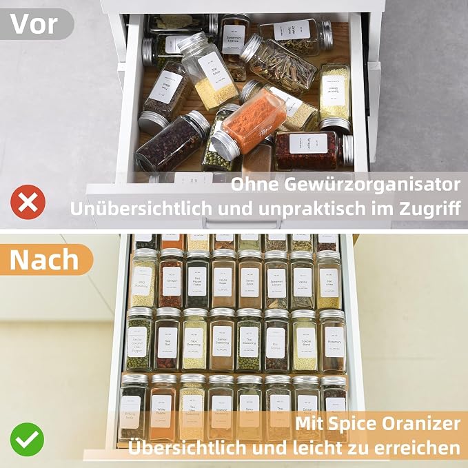 Spice Drawer Organzier,4 Tiers- 8Pcs Bamboo Spice Rack Tray Insert for Cabinet Drawer Countertop, Kitchen Seasoning Storage Drawer Organization,18" Wide x 15.8" Deep （Hold UP To 40 Jars - Image 4