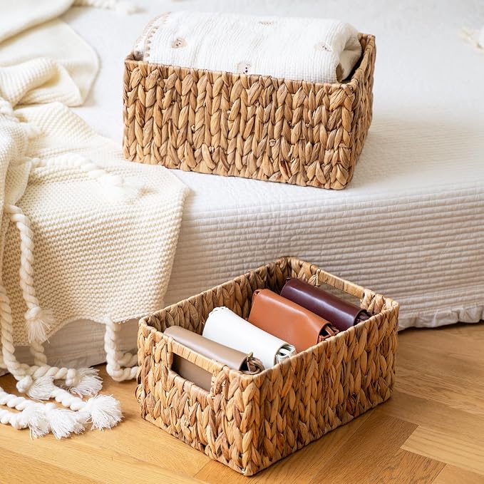 FairyHaus Wicker Baskets 15x11x7 & 13.4x9.5x6.5, 2 Pack Handmade Big Wicker Storage Basket with Handles, Natural Water Hyacinth Wicker Baskets for Storage Shelves Organizing, Rectangle Wicker Basket - Image 2