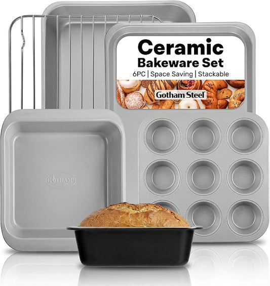 Gotham Steel 6 Pc Stackable Baking Pans Set, 70% Space Saving Design, Ceramic Bakeware Sets Non Toxic Made Without PFOA PFOS, with Cookie Sheet Tray, Cake & Muffin Pans, Oven & Dishwasher Safe by GothamSteel