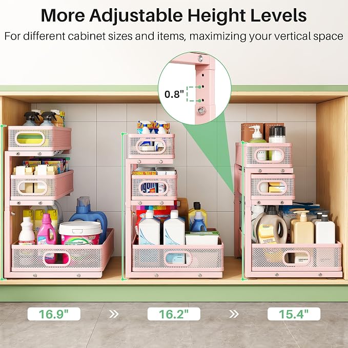 Kitstorack Under Sink Organizer, 1-Pack 3-Tier Height Adjustable Thickened Metal Pull out Cabinet Organizer Shelf, Slide out Storage Drawer Rack for Bathroom Kitchen Pantry Home Organization, Pink - Image 8